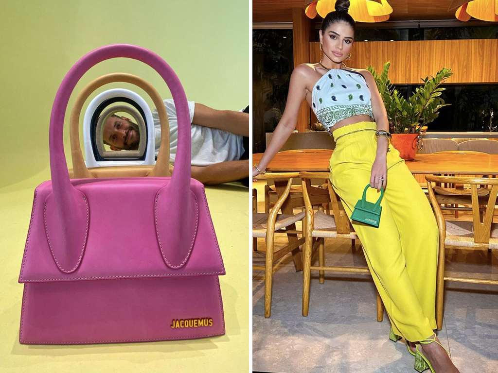 Montagem com duas fotos com a Bolsa Le Chiquito Mini Jacquemus. Na primeira o estilista Jacquemus aparece entre várias opções coloridas da bolsa. Já na segunda imagem, a blogueira Thassia Naves usa um modelo verde da bolsa.
