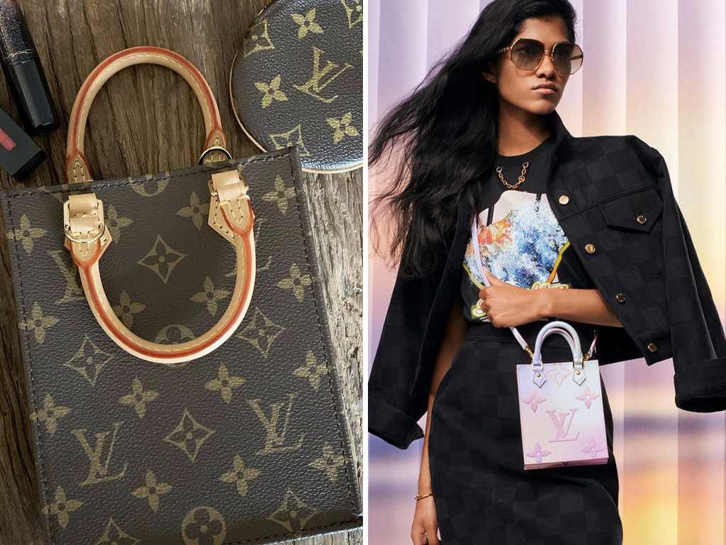 Montagem com duas fotos coma Bolsa Petit Sac Plat Louis Vuitton.