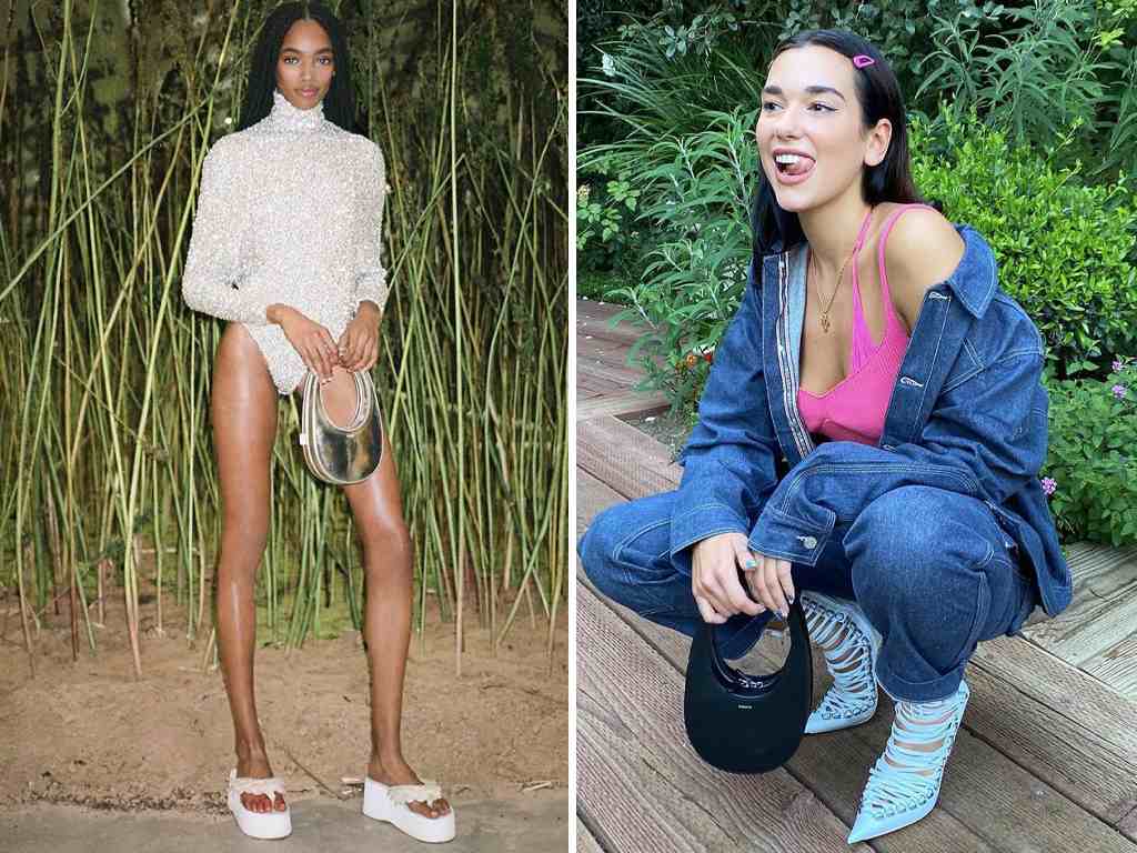 Montagem com duas imagens: a modelo segura uma bolsa da coperni em foto da campanha da marca. Na segunda a cantora Dua Lipa usa a Minibolsa Swipe.