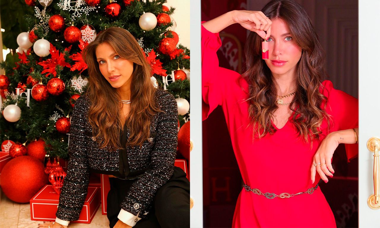Montagem com duas fotos da influenciadora Nati Vozza com sua deoração de natal vermelha e com look também vermelho.