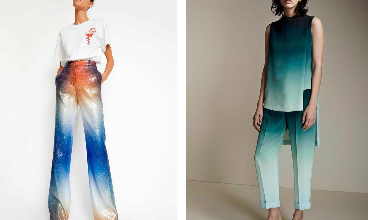 Montagem com duas imagens de campanhas de moda com modelos usando peças ombré.