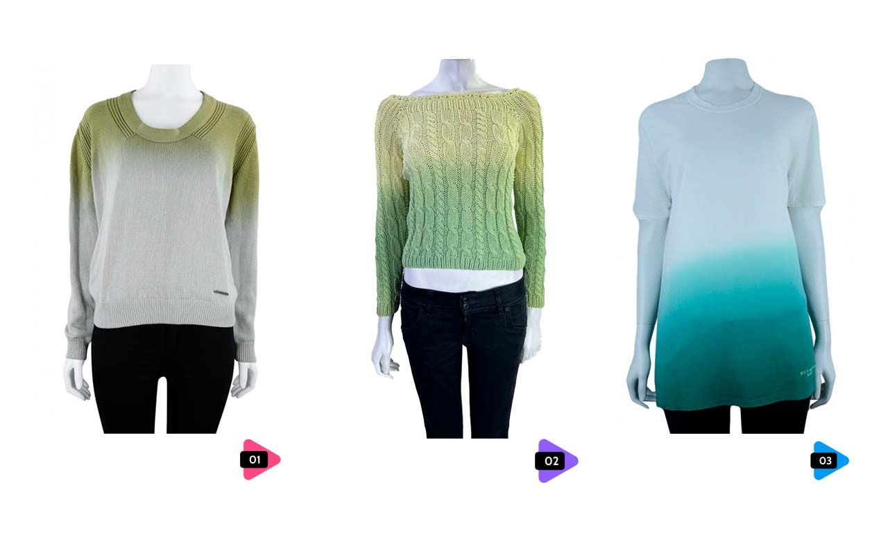 Montagem com três blusas de marcas de luxo com a tendência ombré vendidas no Etiqueta Única.