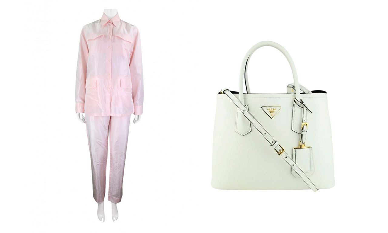 Montagem com dois produtos Prada disponíveis no nosso site: Conjunto Prada Tecido Rosa  e Bolsa Prada Double Medium Branca.