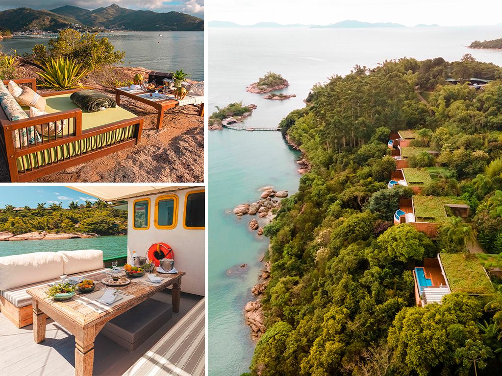 Montagem com três imagens do Resort de Luxo Ponta dos Ganchos.