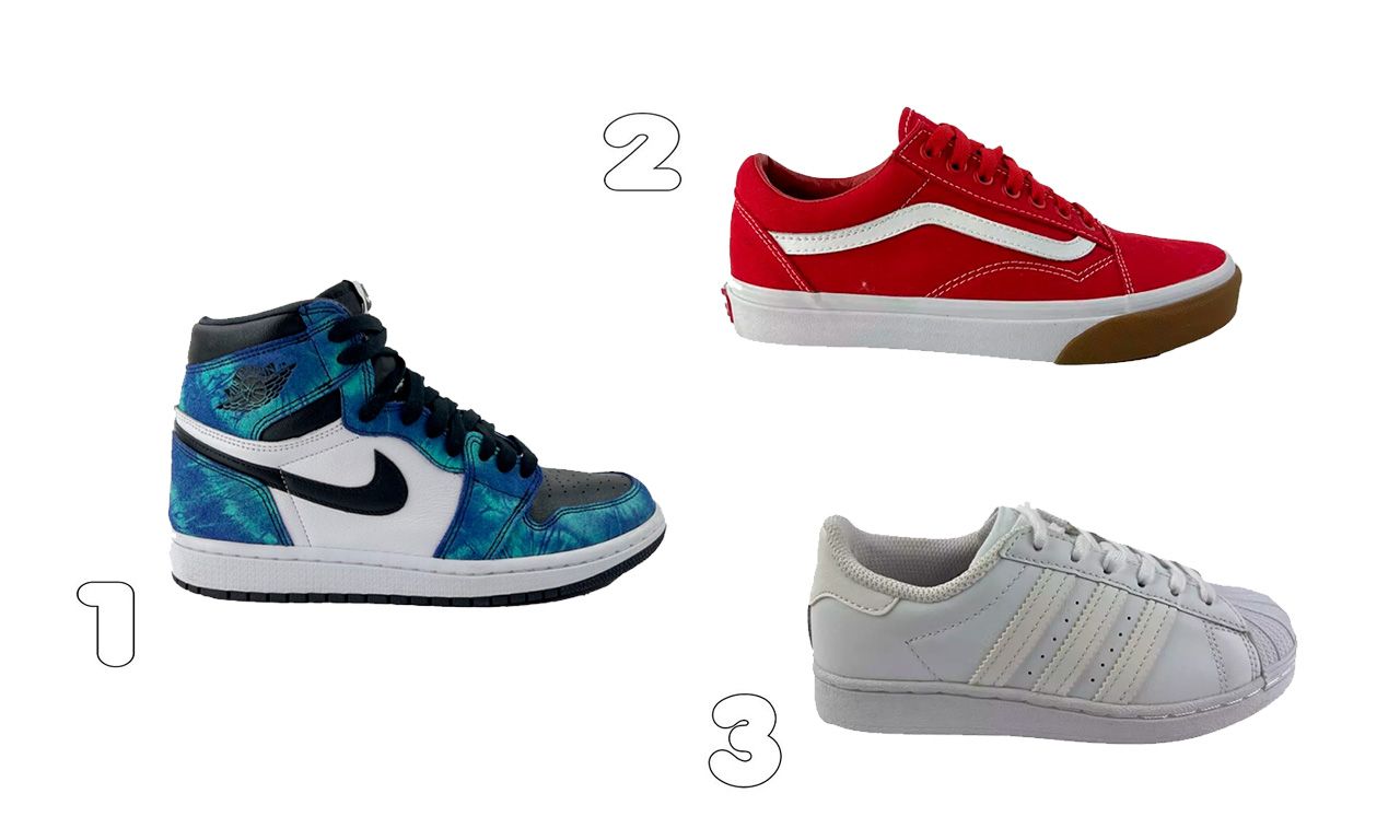 Montagem com três sneakers infantis de marcas de luxo para opções de presentes de natal.