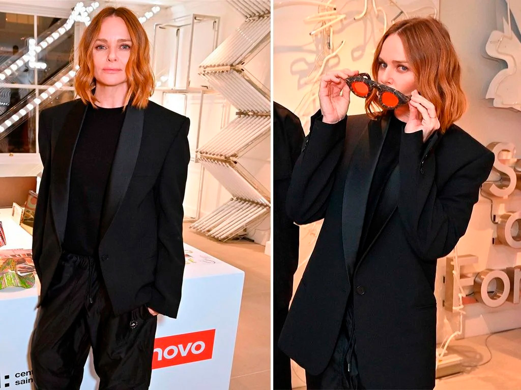 Montagem com duas fotos de Stella McCartney em uma de suas lojas