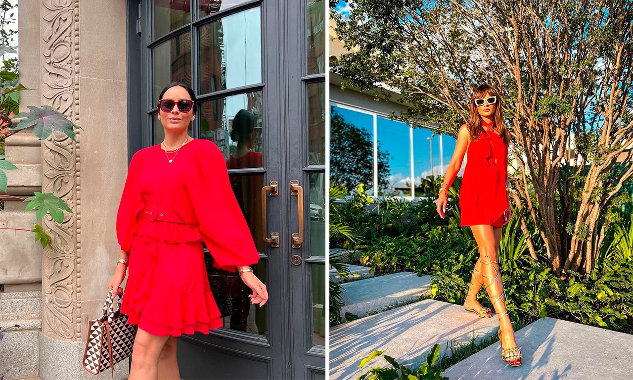 Montagem com duas fotos das influenciadoras Luciana Tranchesi e Thassia Naves usando looks vermelhos.
