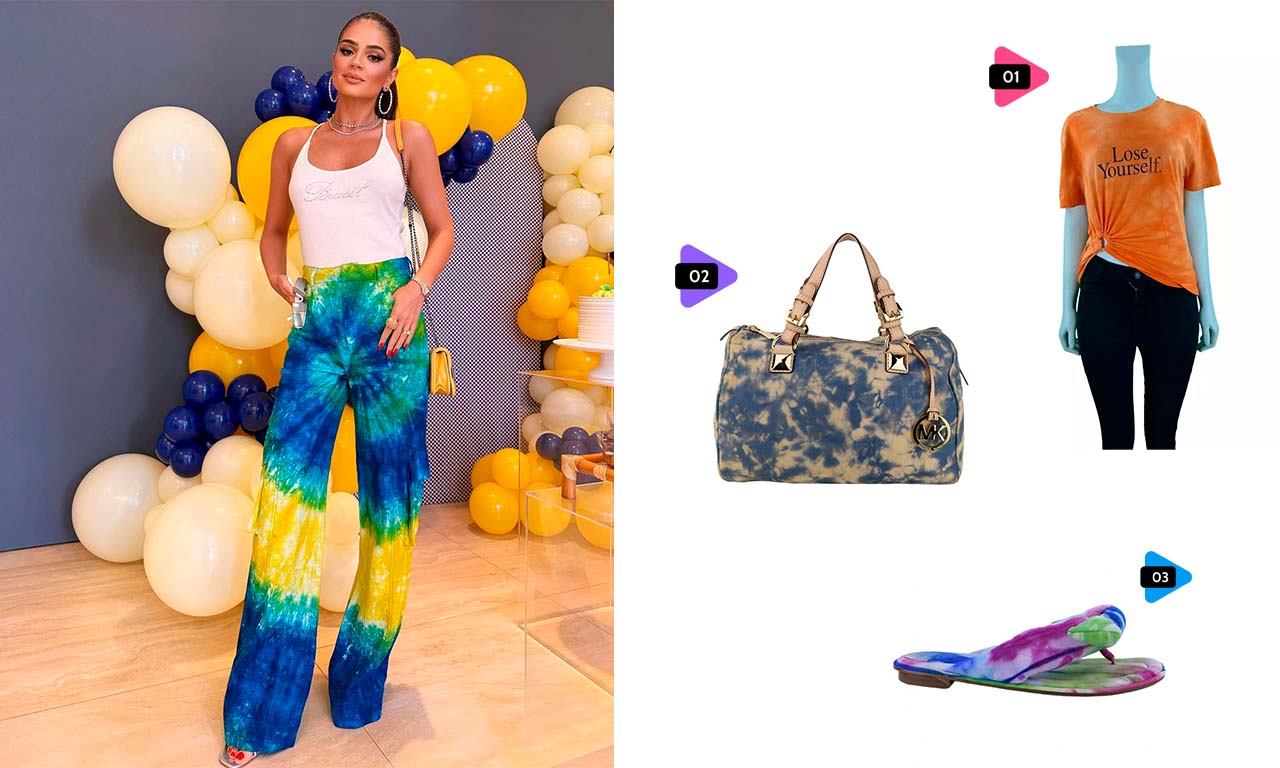 Montagem com foto da infuenciadora Thassia Naves usando calça tie-dye e de três produtos com a estampa disponíveis no site Etiqueta Única.