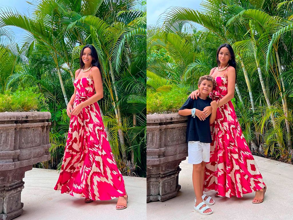Montagem com duas fotos de Lu Tranchesi usando vestido estampado inspiração para o natal.