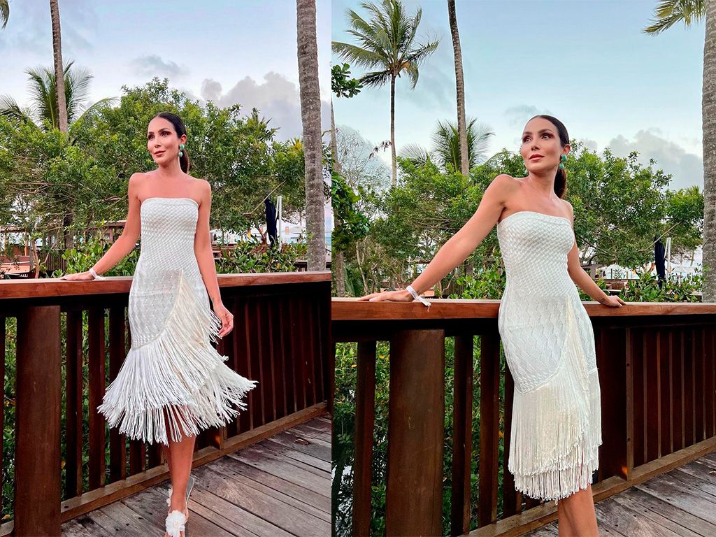 Montagem com duas fotos de Lala Noleto usando vestido com franjas inspiração para o natal.