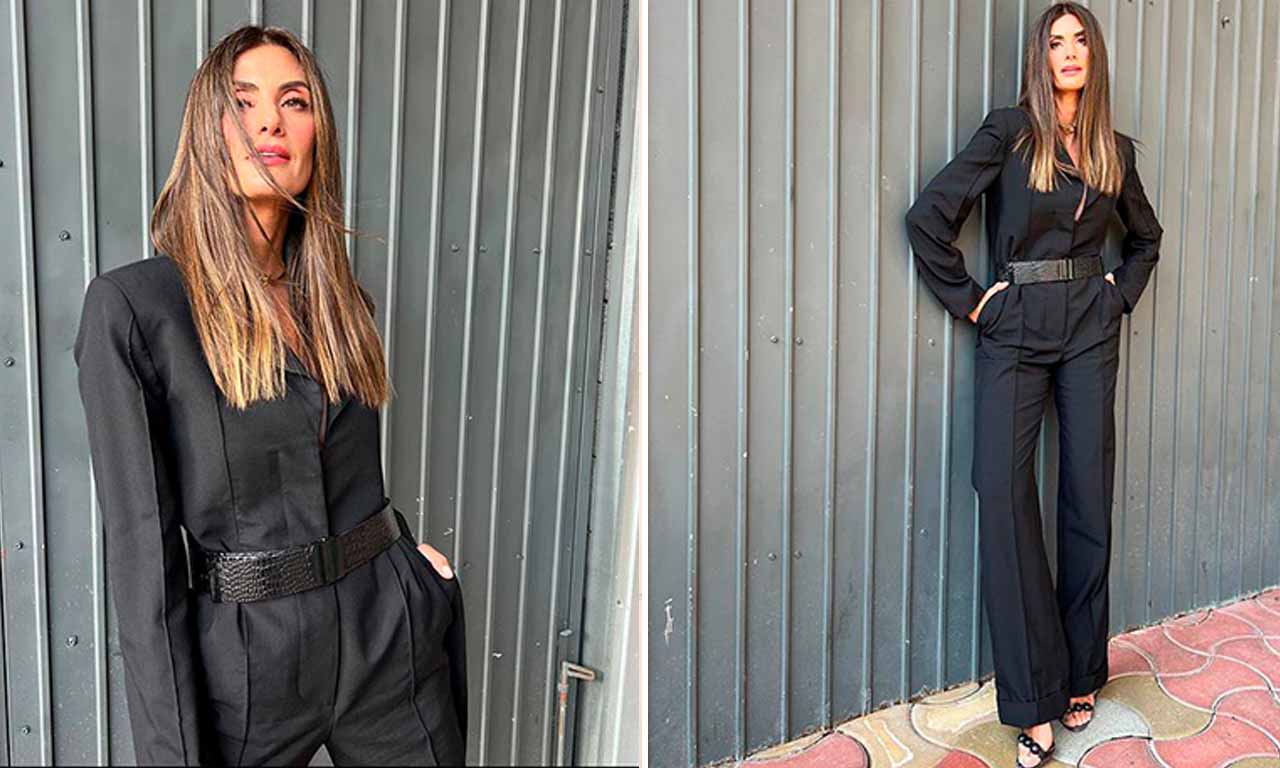 Montagem com duas fotos da influenciadora de moda Isabella Fiorentino com conjunto de alfaiataria preto. Uma das nossas sugestões de look para o natal.