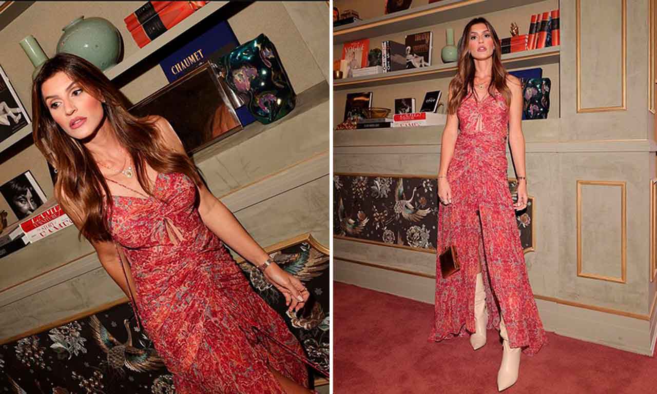 Montagem com duas fotos da influenciadora de moda Maria Rudge Albuquerque com vestido estampado. Uma das nossas sugestões de look para o natal.
