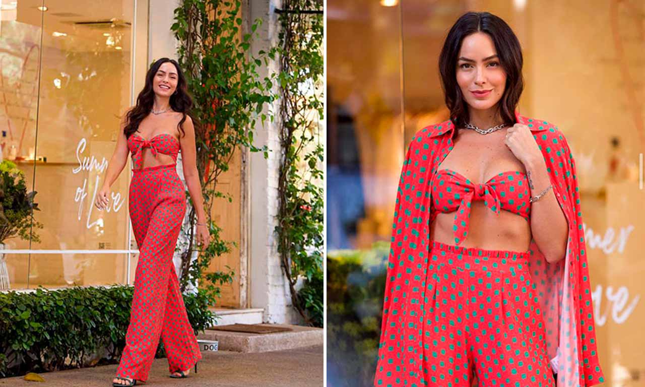 Montagem com duas fotos da influenciadora de moda Luciana Tranchesi com conjunto estampado em verde e vermelho. Uma das nossas sugestões de look para o natal.