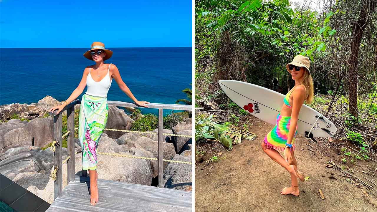 Montagem com duas imagens da influenciadoras Marcela Tranchesi e Didi Krepinsky usando cangas na praia.