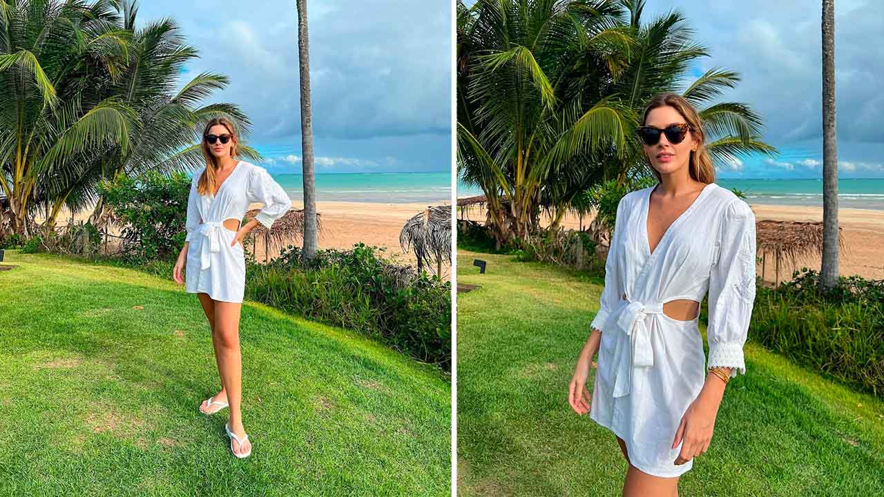 Montagem com duas imagens da influenciadora Marcela Tranchesi usando Kimono na praia.