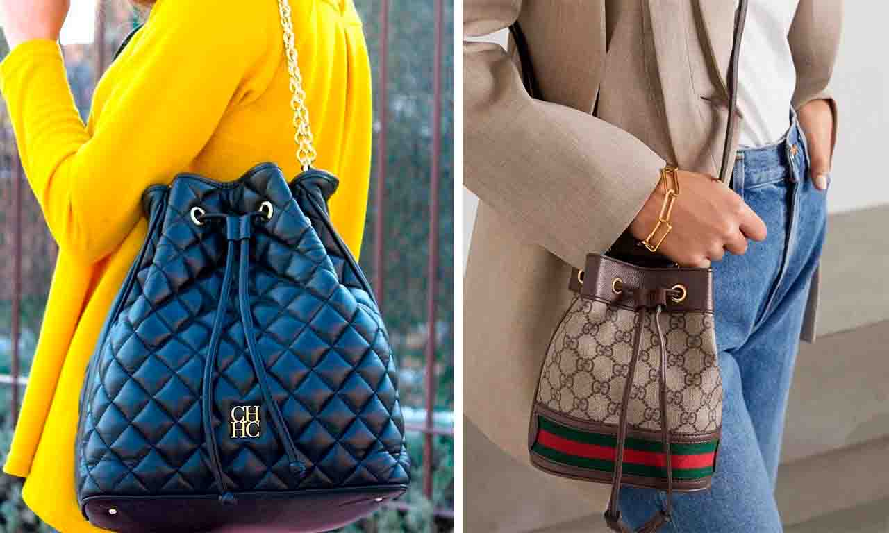 Montagem com duas fotos de Bolsas Sacos: foto 1 bucket-bag Carolina Herrera, foto 2 bucket-bag Gucci.