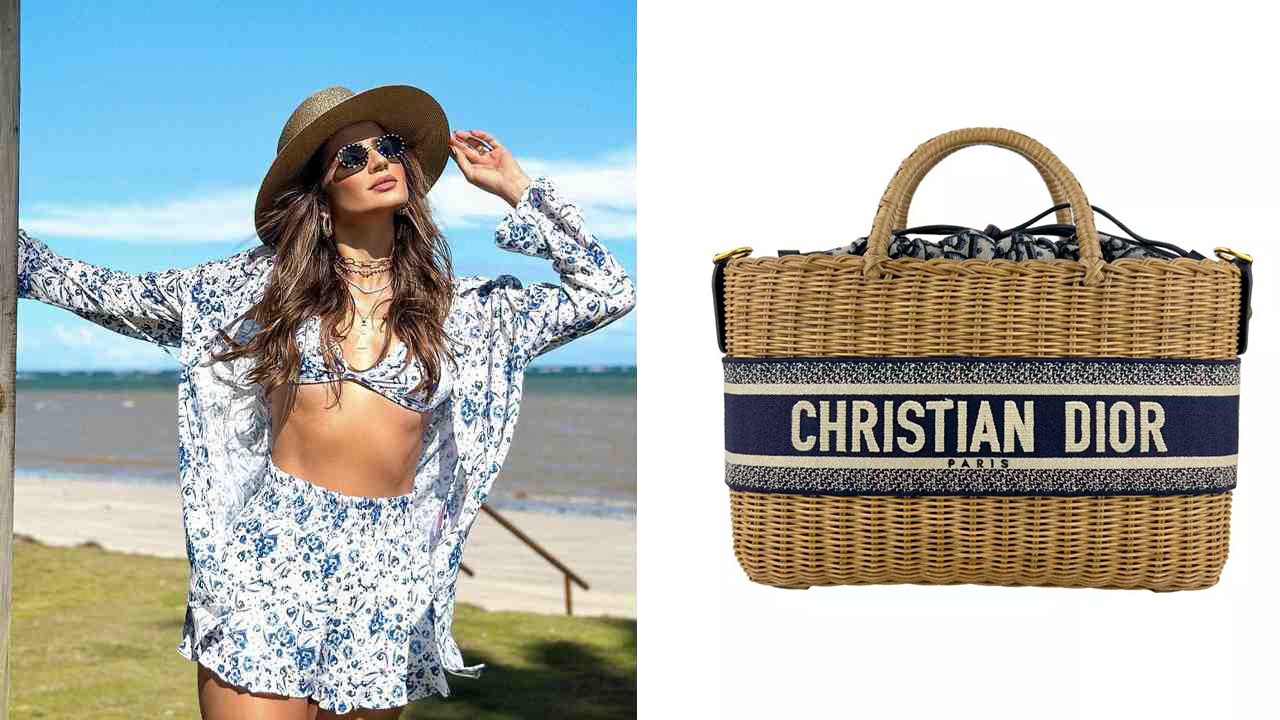 Montagem com duas imagens, a primeira da influenciadora Thassia Naves na praia e a segunda da Bolsa de Palha Dior.