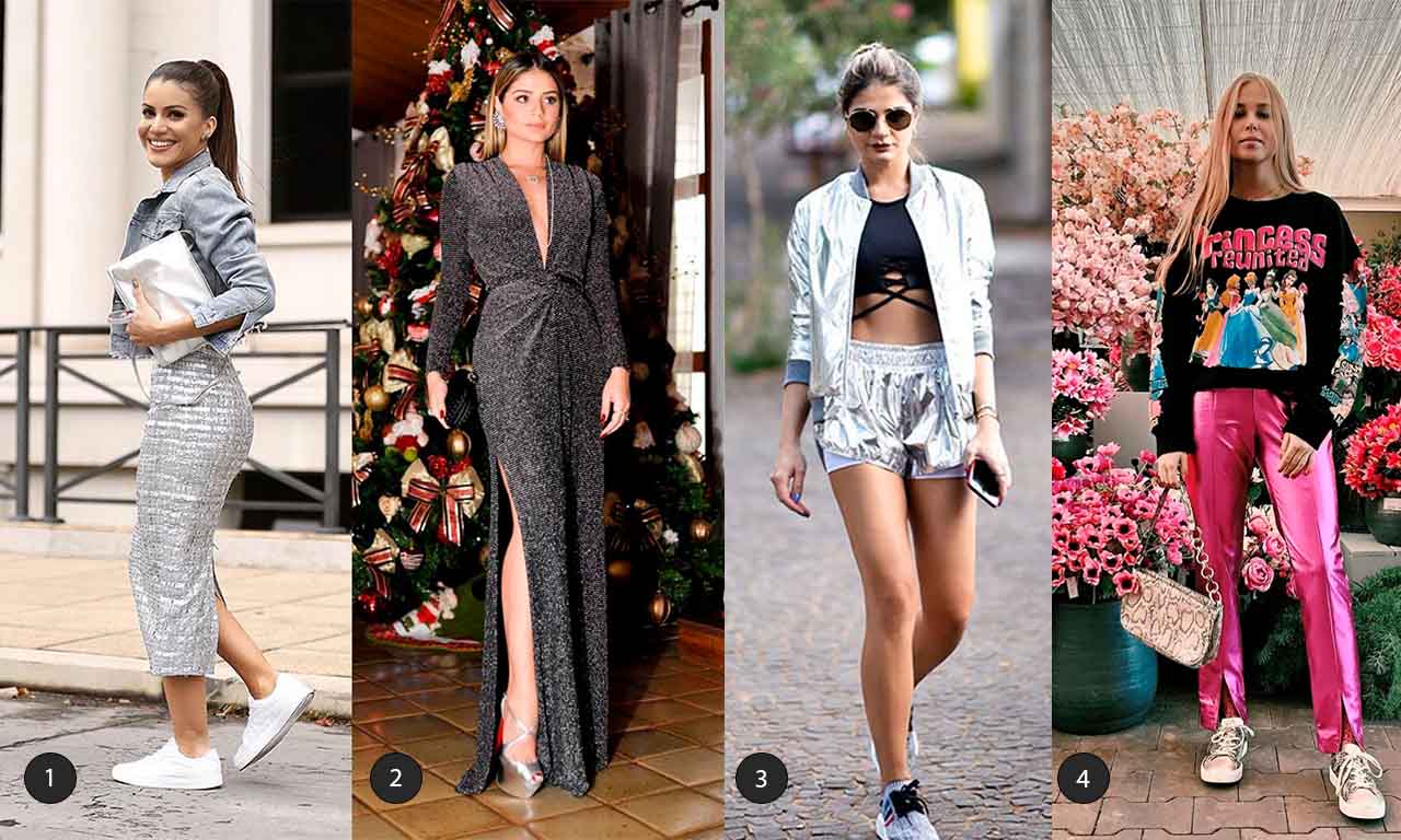 Montagem com quatro fotos de influenciadoras de moda usando peças metalizadas.