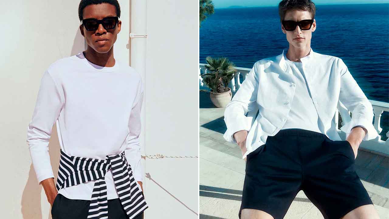 Montagem com duas fotos de dois modelos usando roupas da marca CÓS.