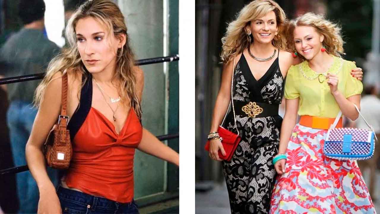Montagem com duas imagens de cenas da série Sex and the city com personagens usando bolsa baguete.