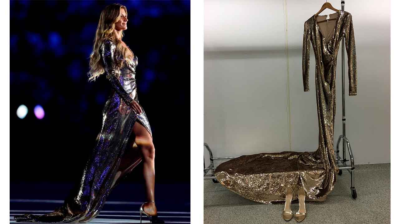 Montagem com duas fotos: a primeira a modelo Gisele Bundchen desfilando com vestido criado pelo estilista brasileiro Alexandre Herchcovitch e a segunda com a peça pendurada no cabide.