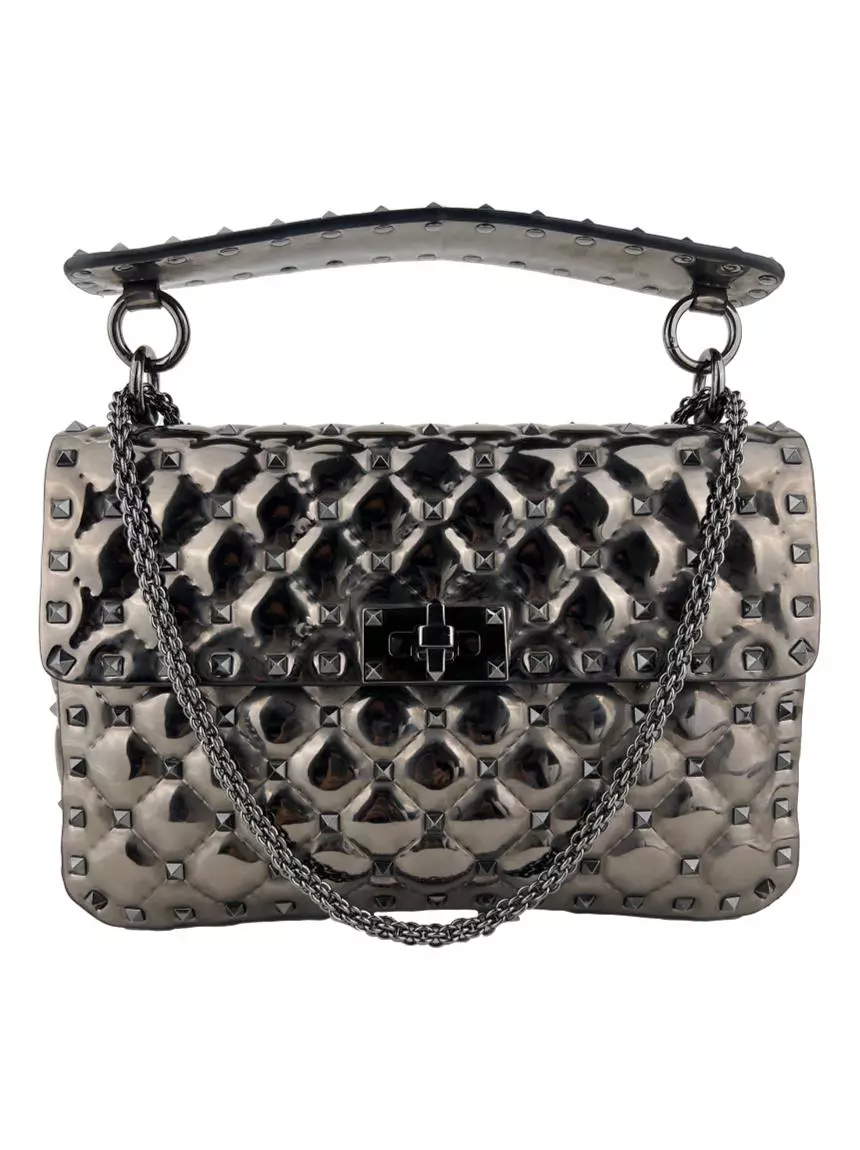 Bolsa com Alça Valentino Rockstud Spike Medium Verniz Metalizada