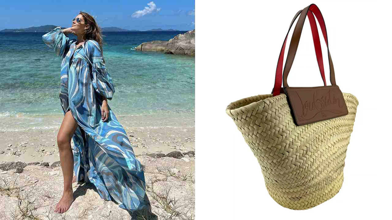 Montagem com duas imagens, a primeira da influenciadora Marcela Tranchesi na praia e a segunda da Bolsa Christian Louboutin.