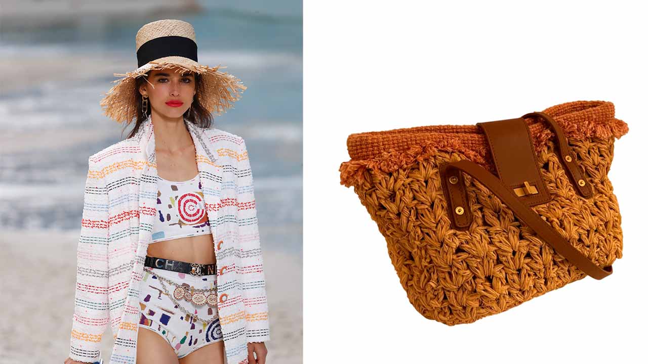 Montagem com duas imagens, a primeira de uma modelo no desfile da Chanel de verão e a segunda da Bolsa de Palha da Chanel.