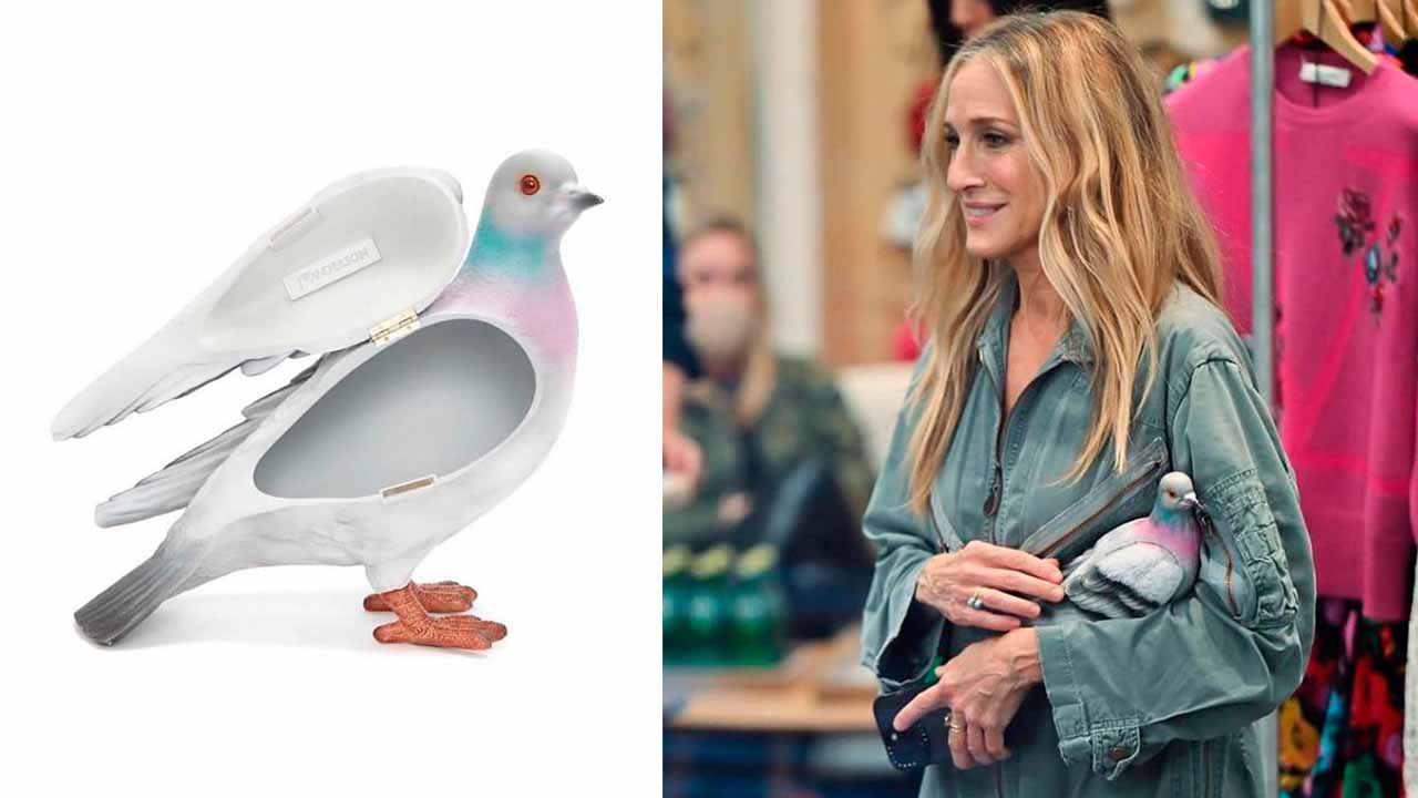Montagem com duas fotos da bolsa divertida em formato de pombo.