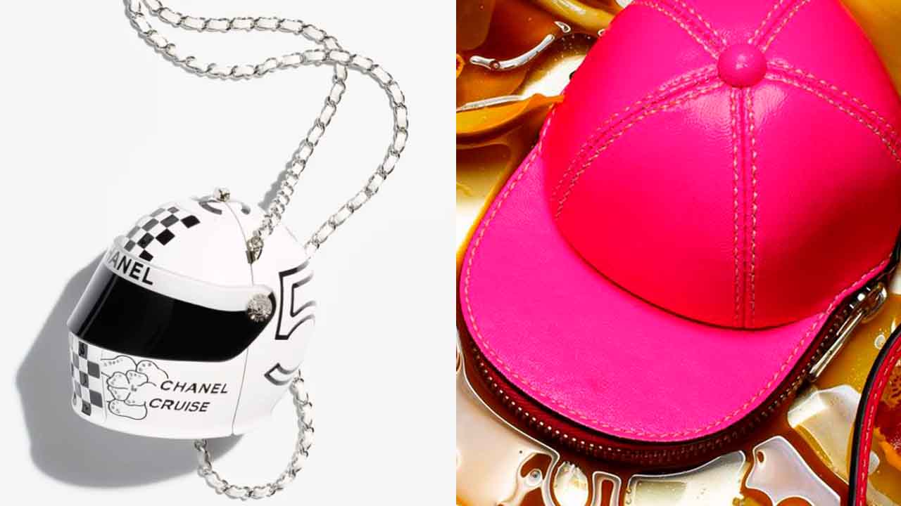 Foto com montagem com duas bolsas divertidas: uma em formato de capacete e a outra em forma de boné.