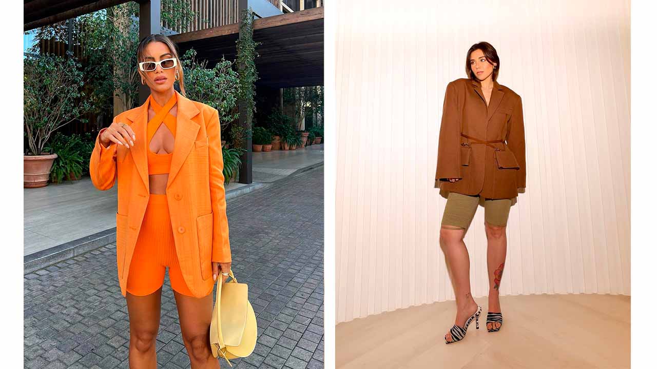Montagem com duas imagens de duas mulheres mostrando como usar blazer com biker.