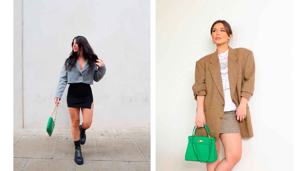 Montagem com duas imagens de muheres mostrando como usar blazer com saia curta.