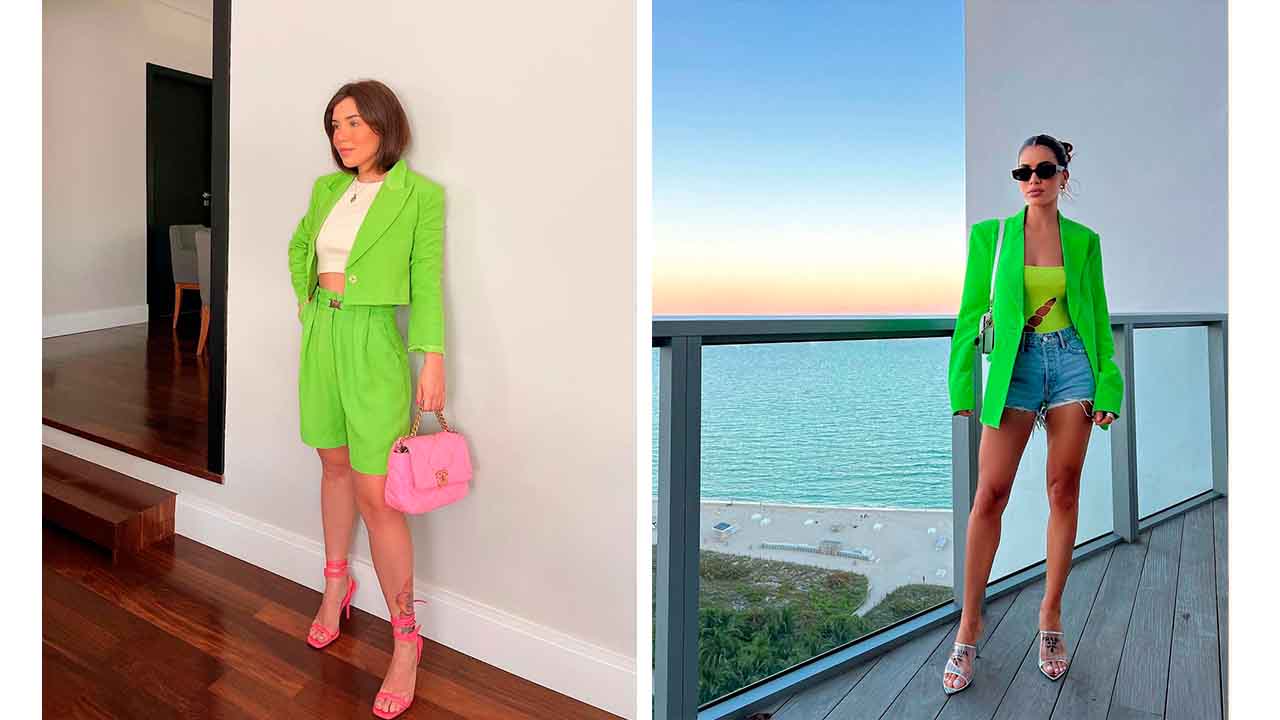 Montagem com duas imagens de mulheres mostrando como usar blazer com shorts no verão.
