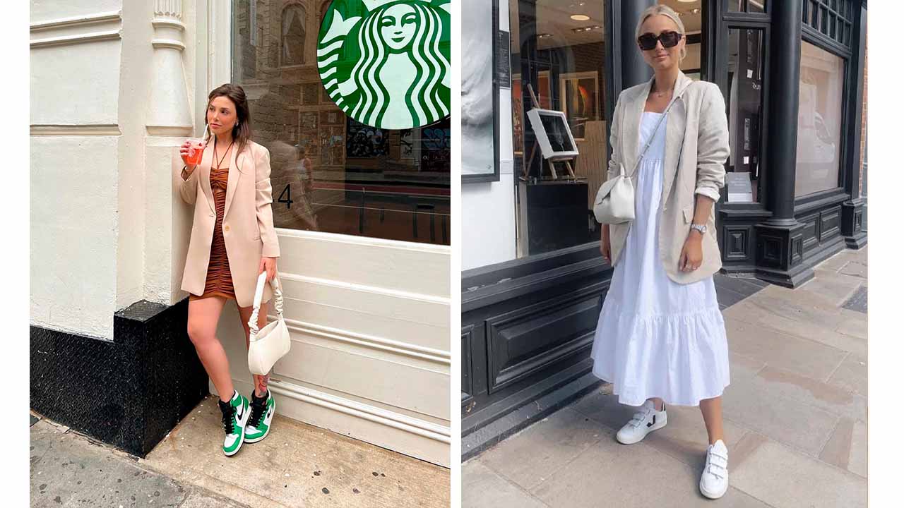 Montagem com duas imagens monstrando como usar blazer com vestido.