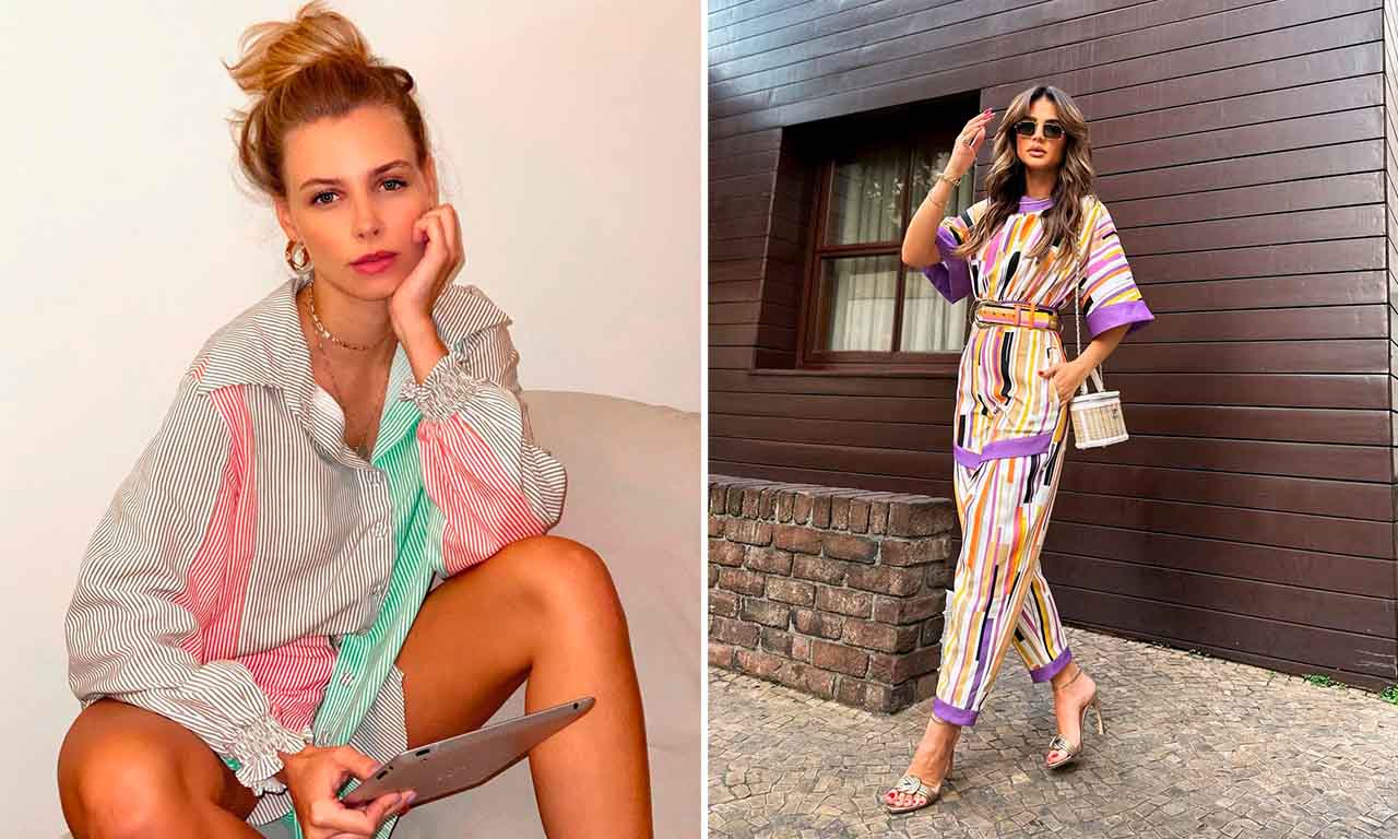 Montagem com duas fotos de duas influenciadoras de moda usando roupas com estampas listradas.