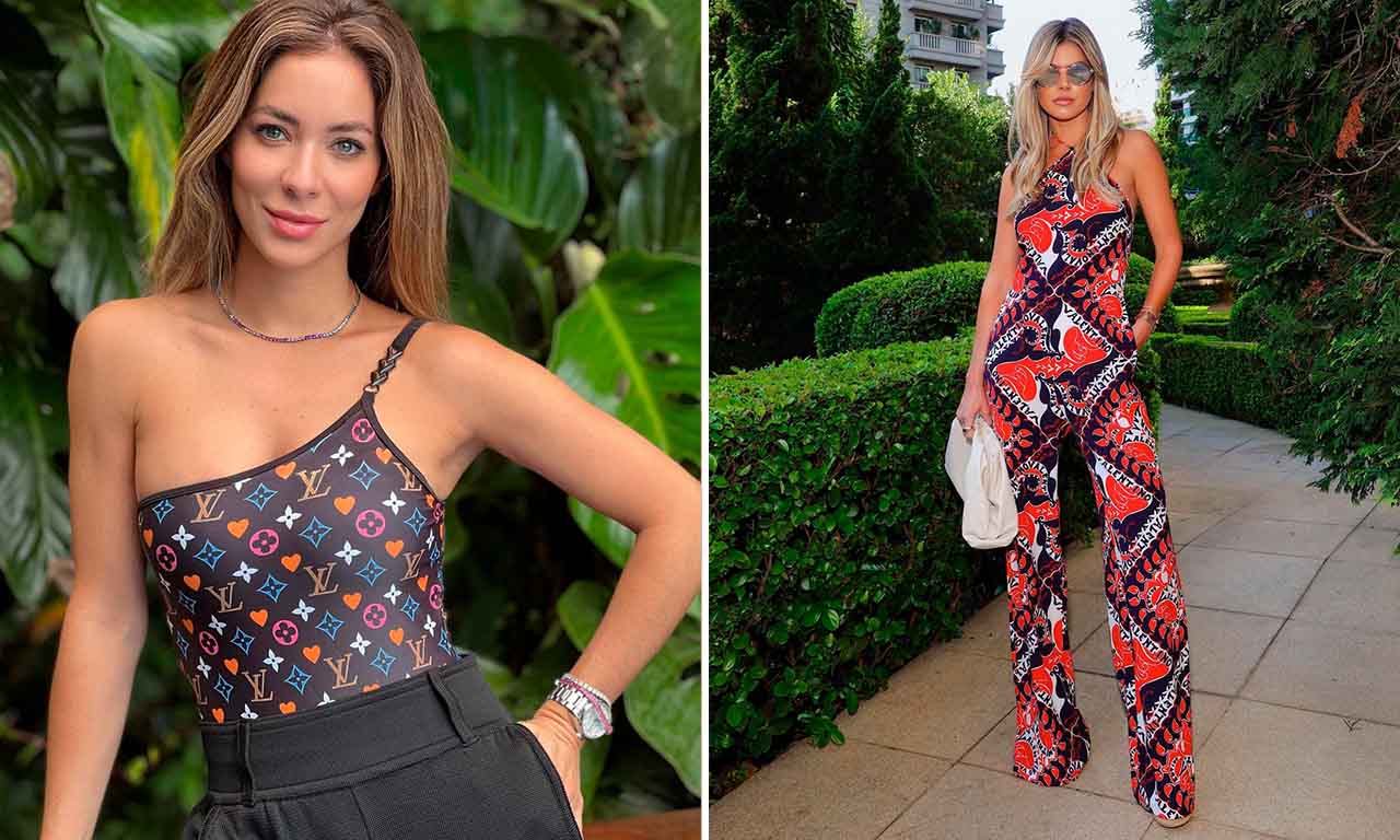 Montagem com duas fotos de duas influenciadoras de moda usando roupas com estampas com monogramas.