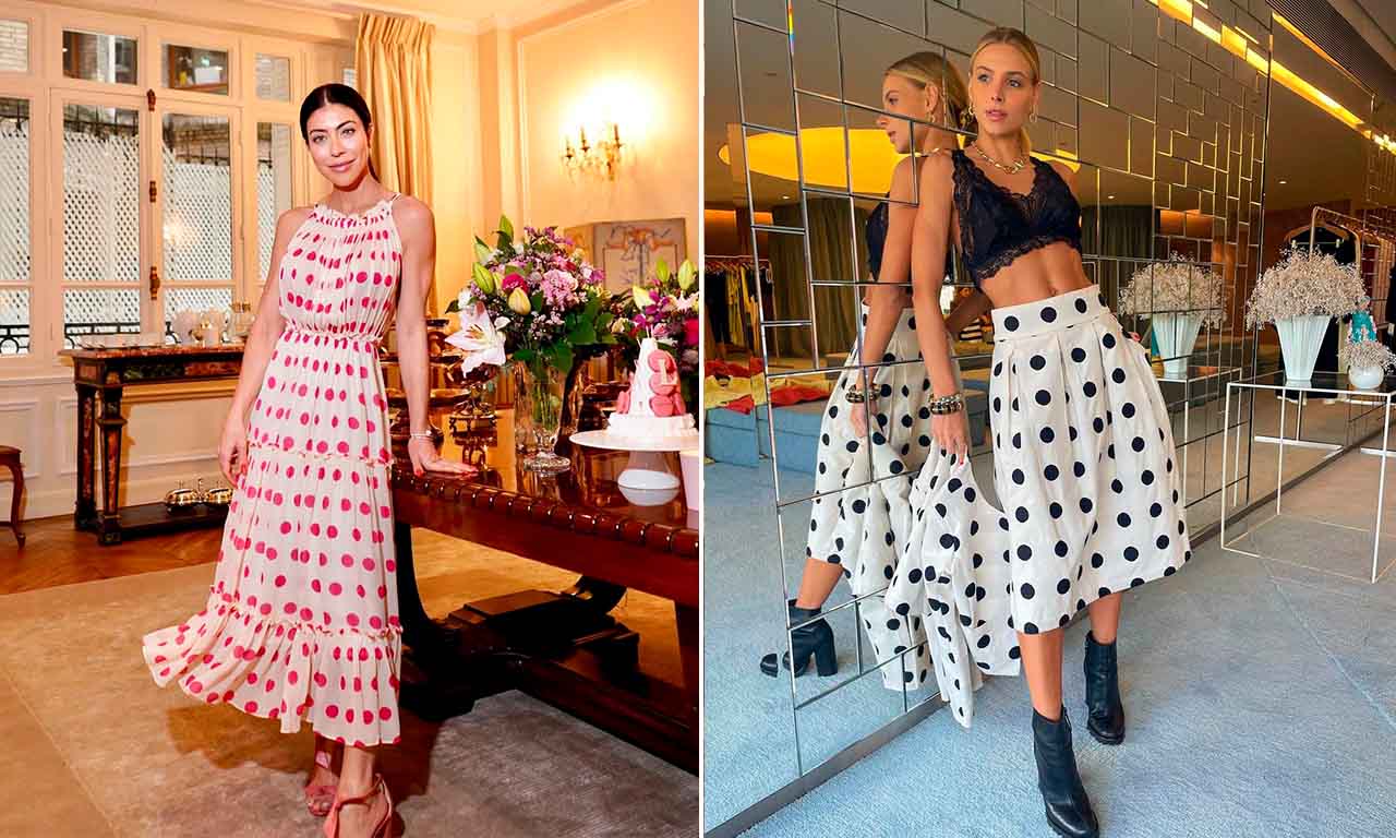 Montagem com duas fotos de duas influenciadoras de moda usando roupas com estampas de bolinhas.