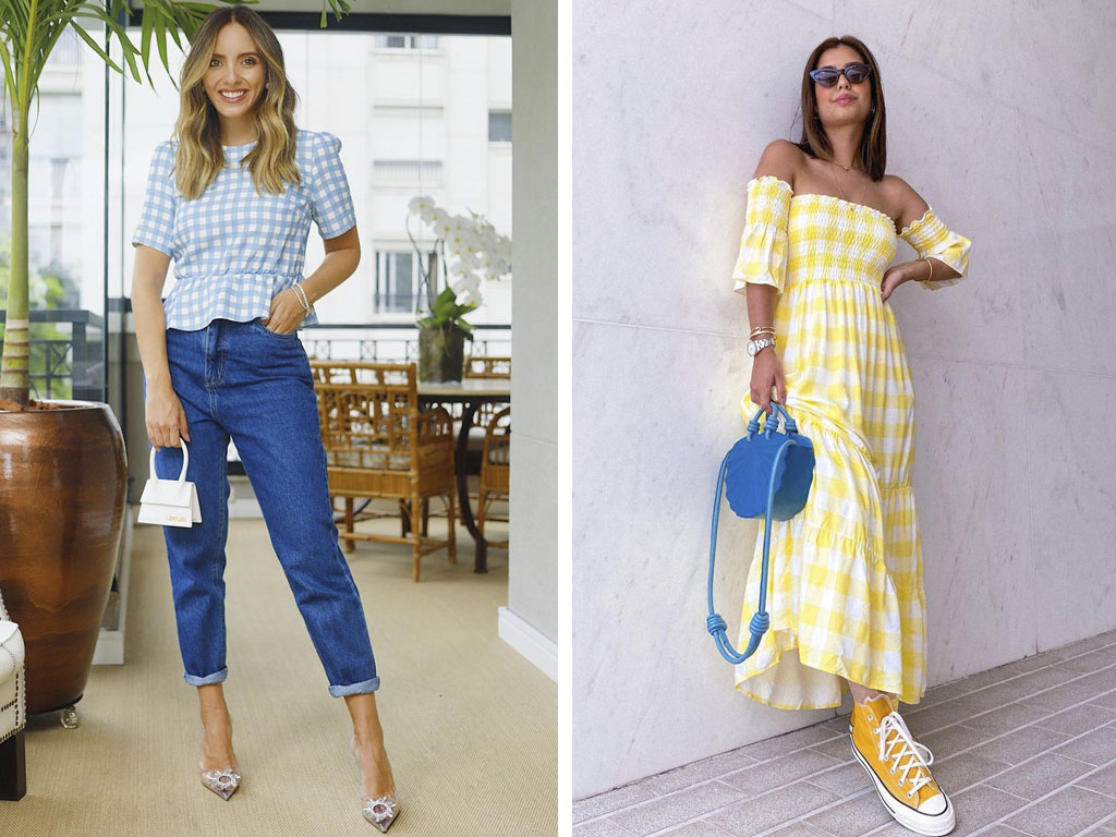 Montagem com duas fotos de duas influenciadoras de moda usando roupas com estampas vichy.