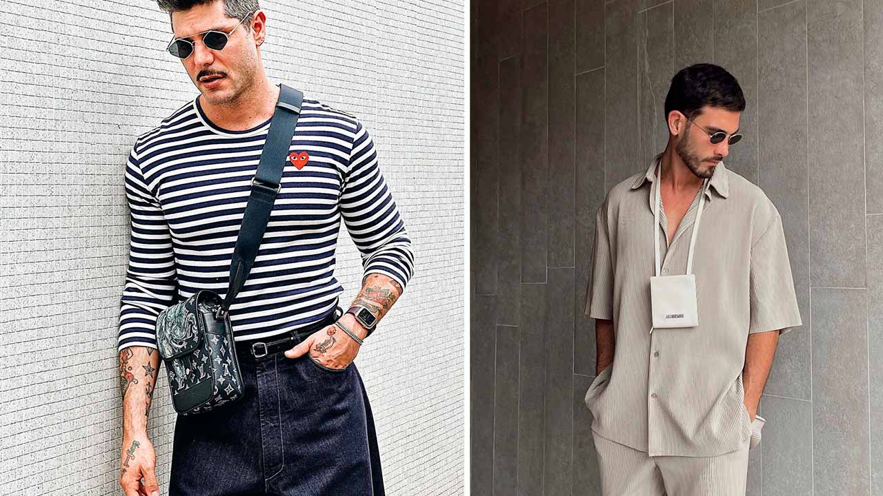 Montagem com duas fotos de homens usando bolsas masculinas.