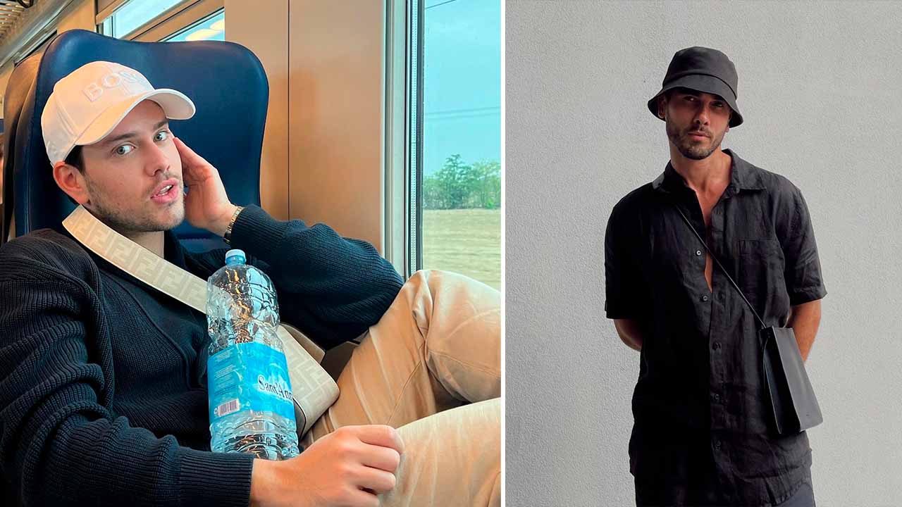 Montagem com duas fotos de homens usando boné e bucket hats. 
