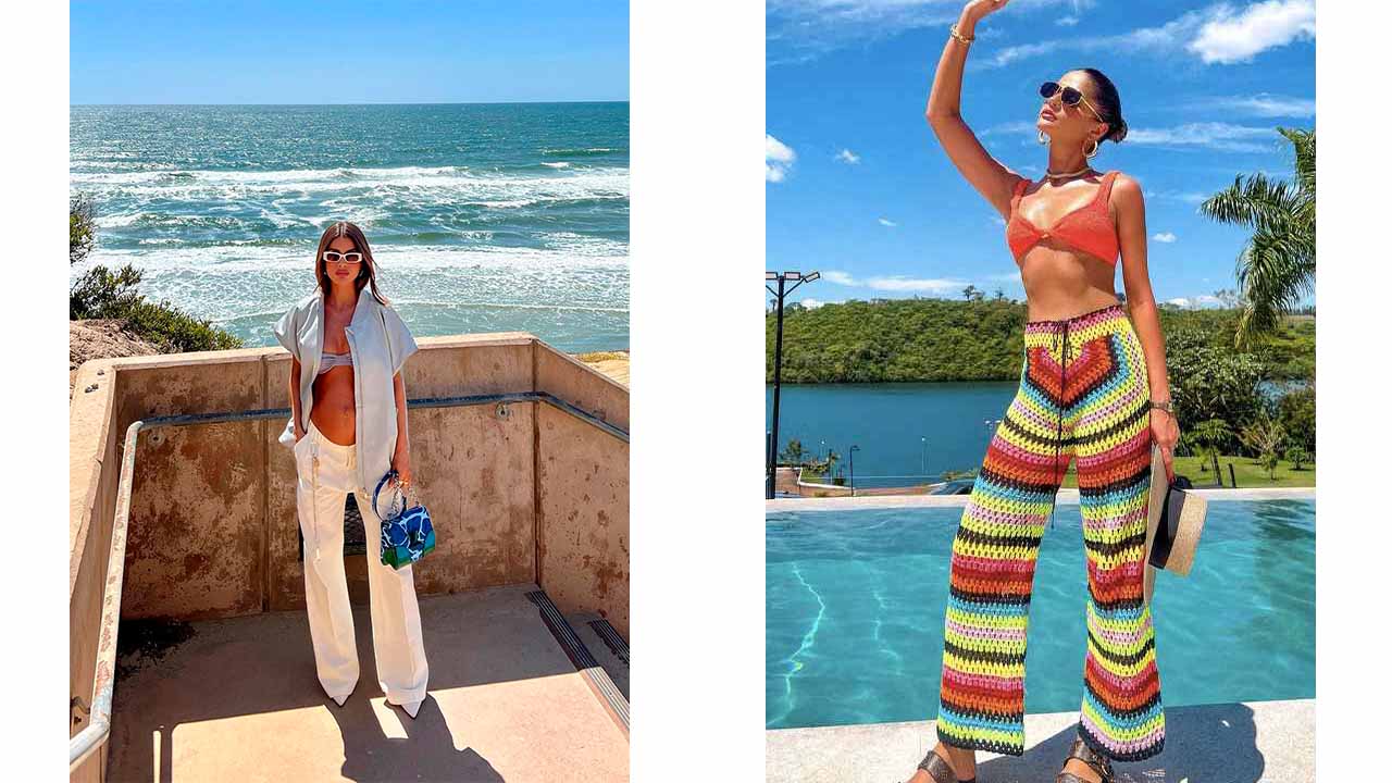 Montagem com duas imagens de muheres usando looks de biquínis com calça.