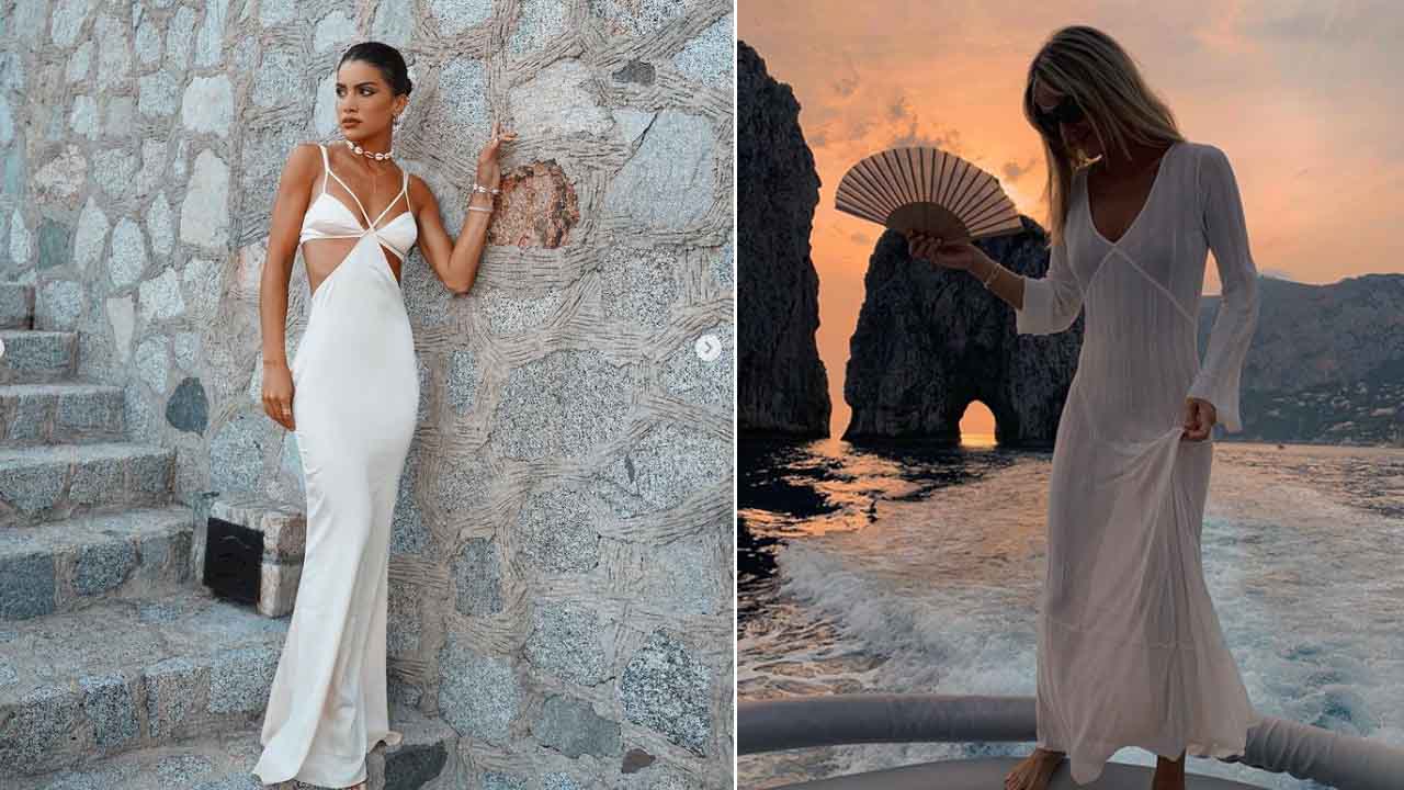 Montagem com duas fotos de duas mulheres influenciadoras de moda com vestido branco.