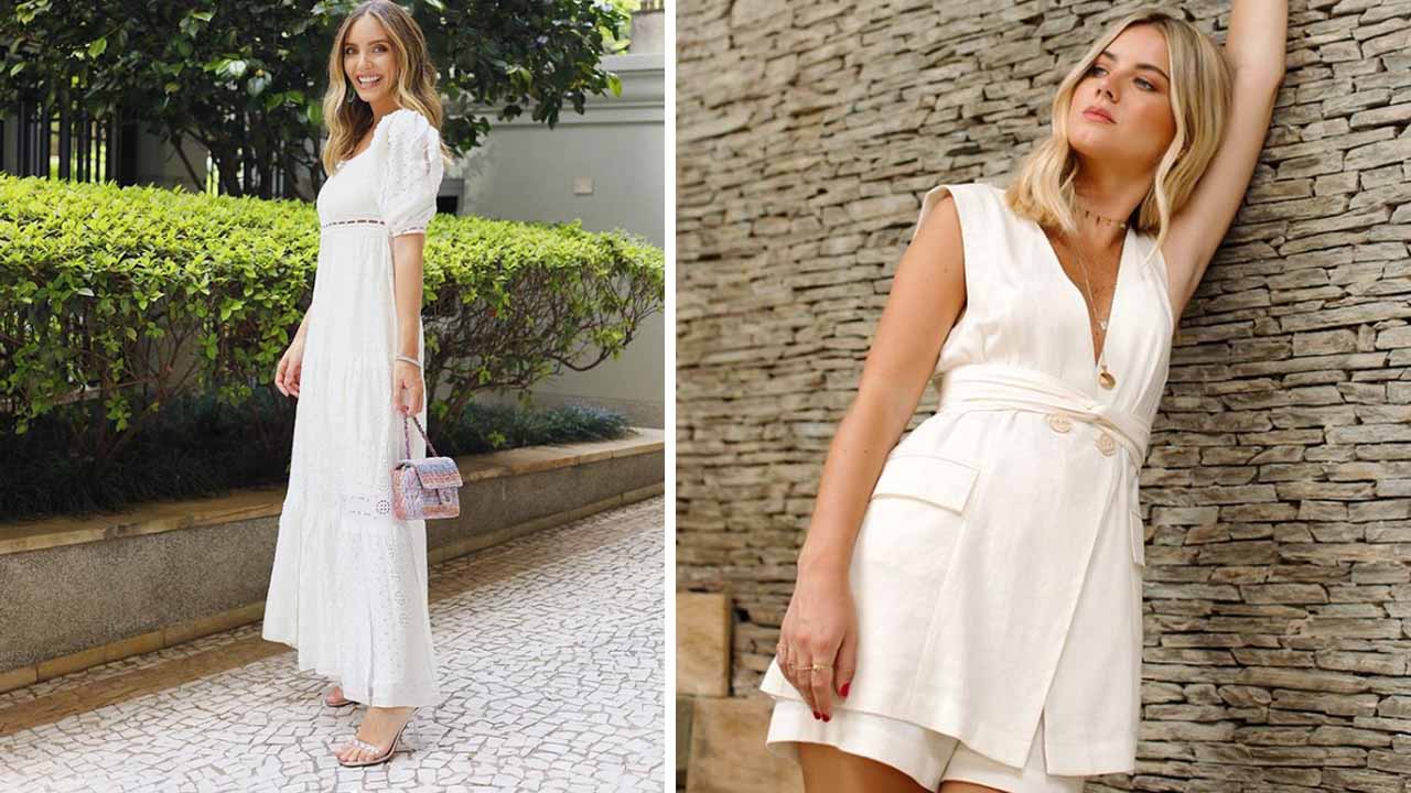 Montagem com duas fotos de mulheres influenciadoras de moda usando looks brancos.