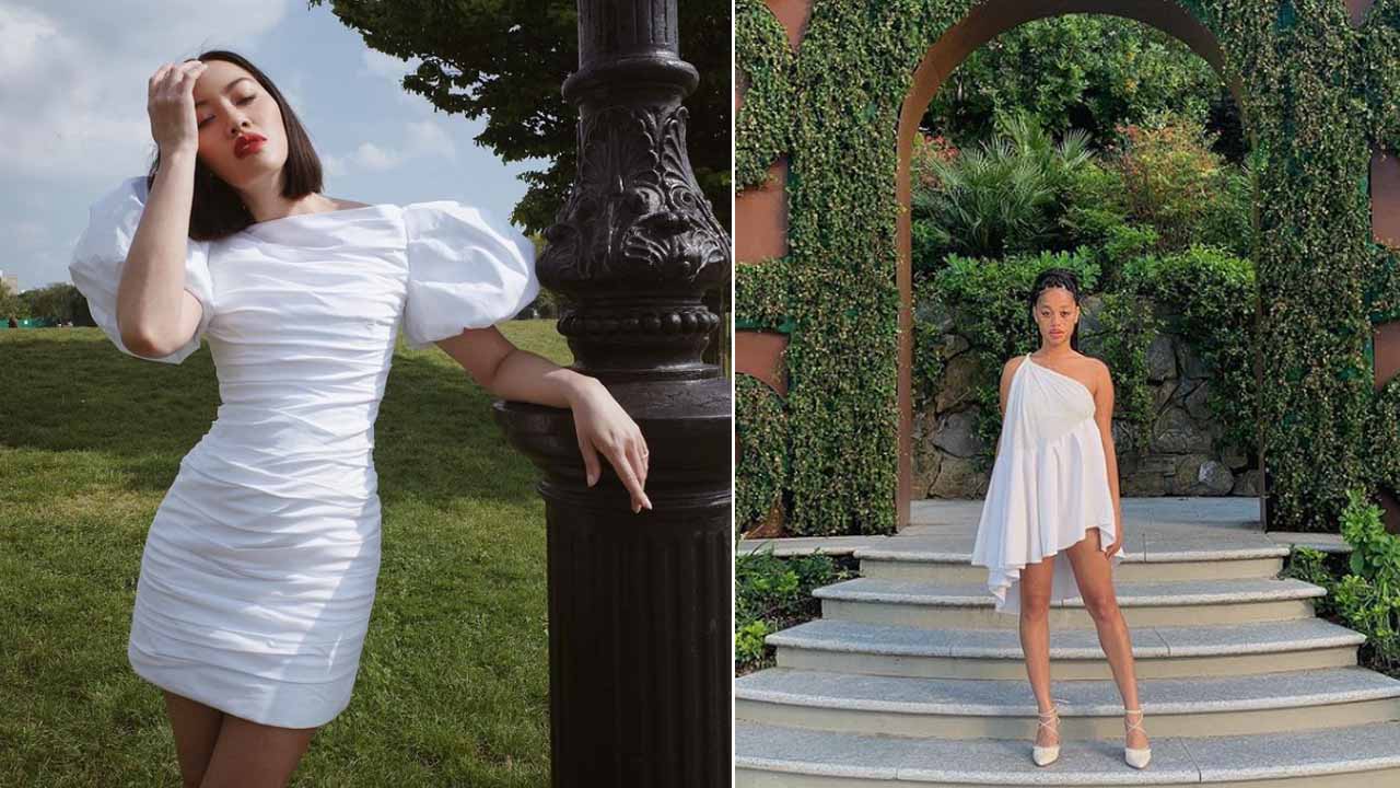 Montagem com duas fotos de mulheres influenciadoras de moda com vestido branco.