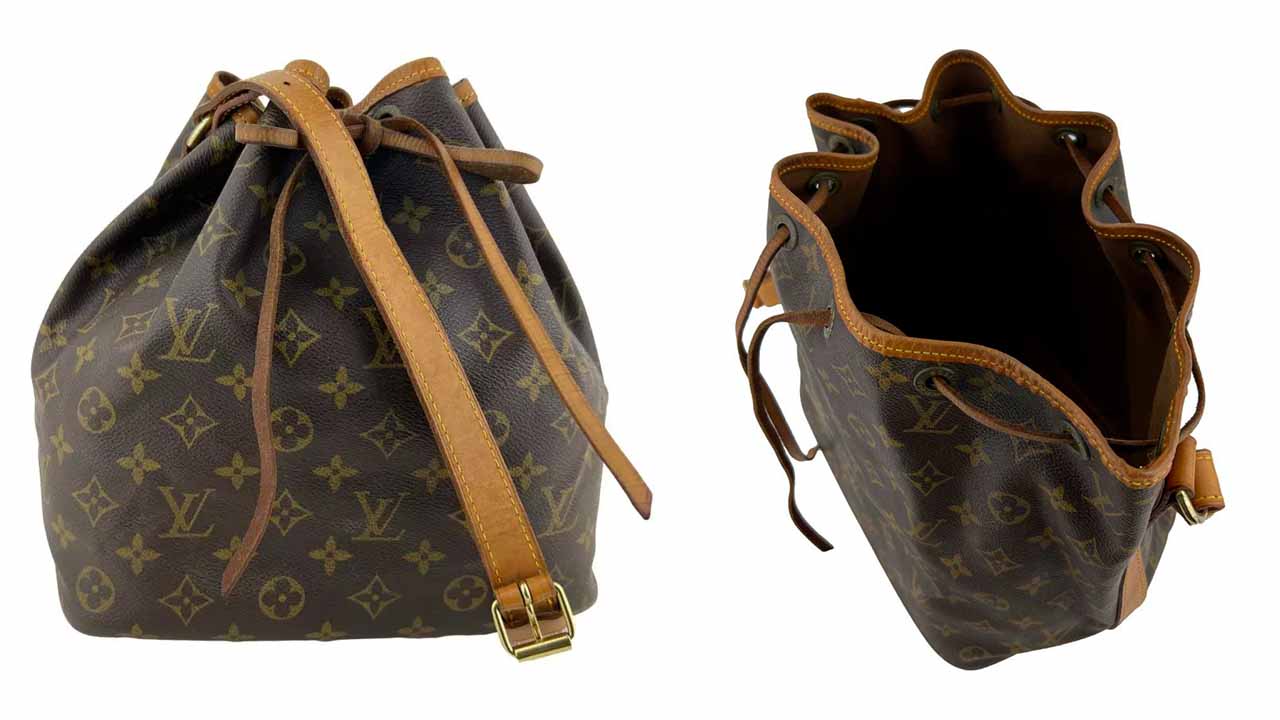 Montagem com duas fotos da bucket-bag Noe da Louis Vuitton.