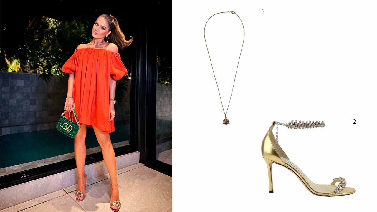 Montagem de fotos com a influenciadora Thassia Naves usando vestido curto vermelho ao lado de colar de ouro e sandália dourada.
