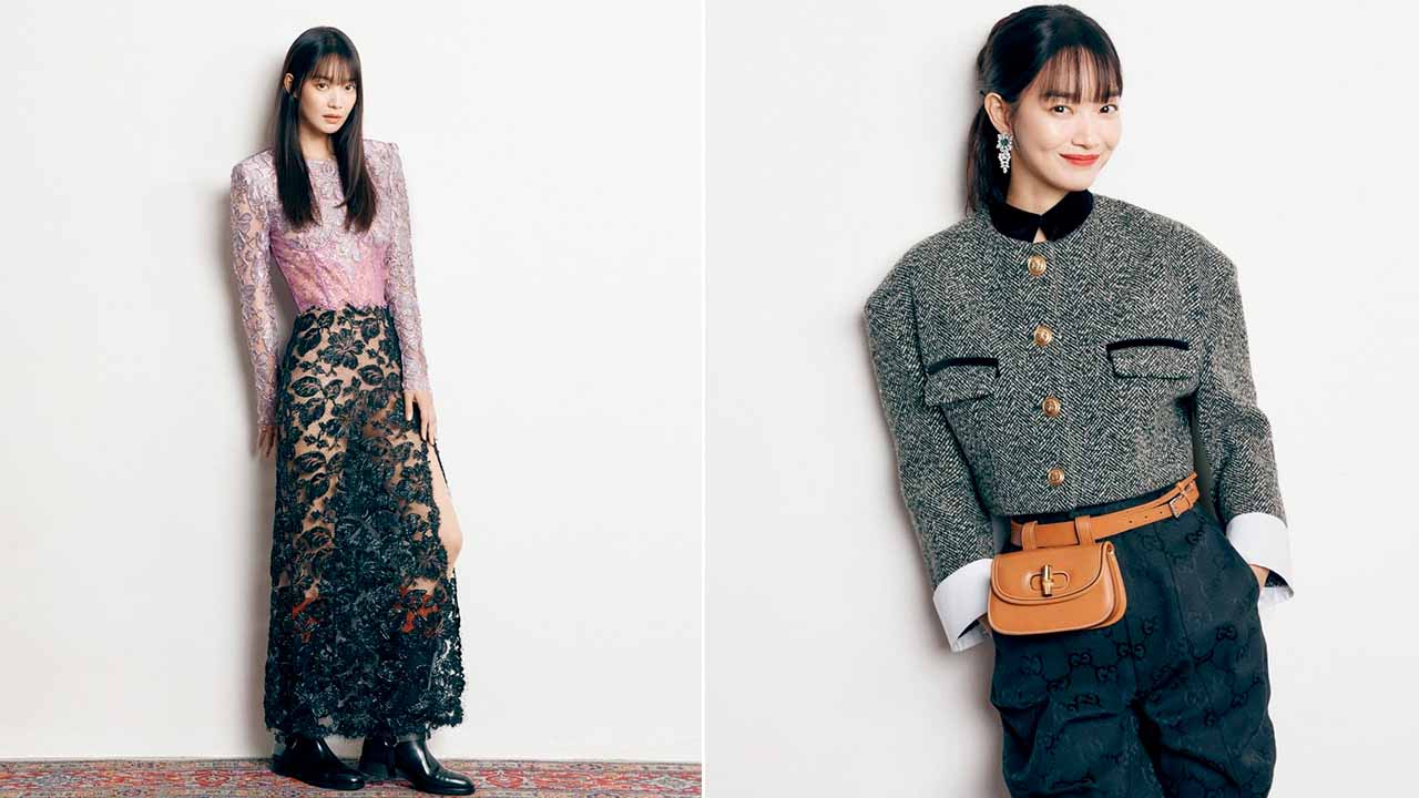 Montagem de duas fotos de mulher usando looks Gucci.
