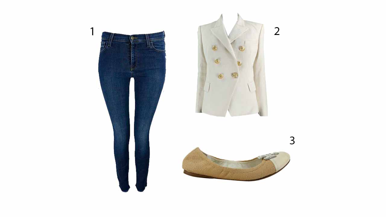 Montagem com calça jeans, blazer e sapatilha de luxo feita de ráfia.