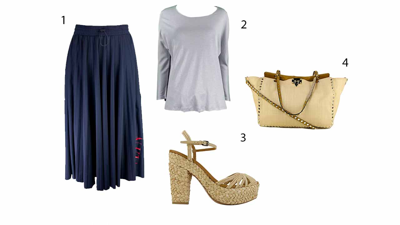 Montagem com saia, blusa e sapato e bolsa de ráfia para o verão.