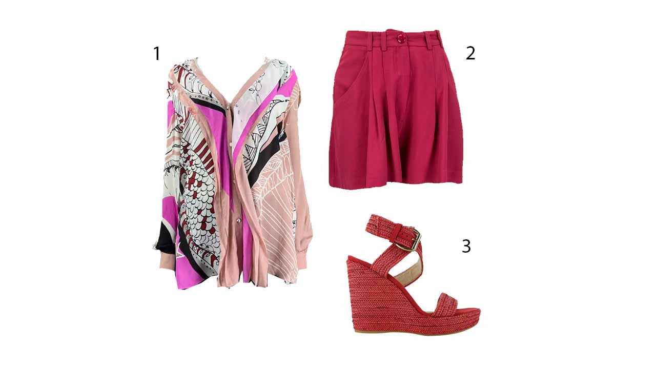 Montagem com blusa, shorts e sapato de luxo feito de ráfia.